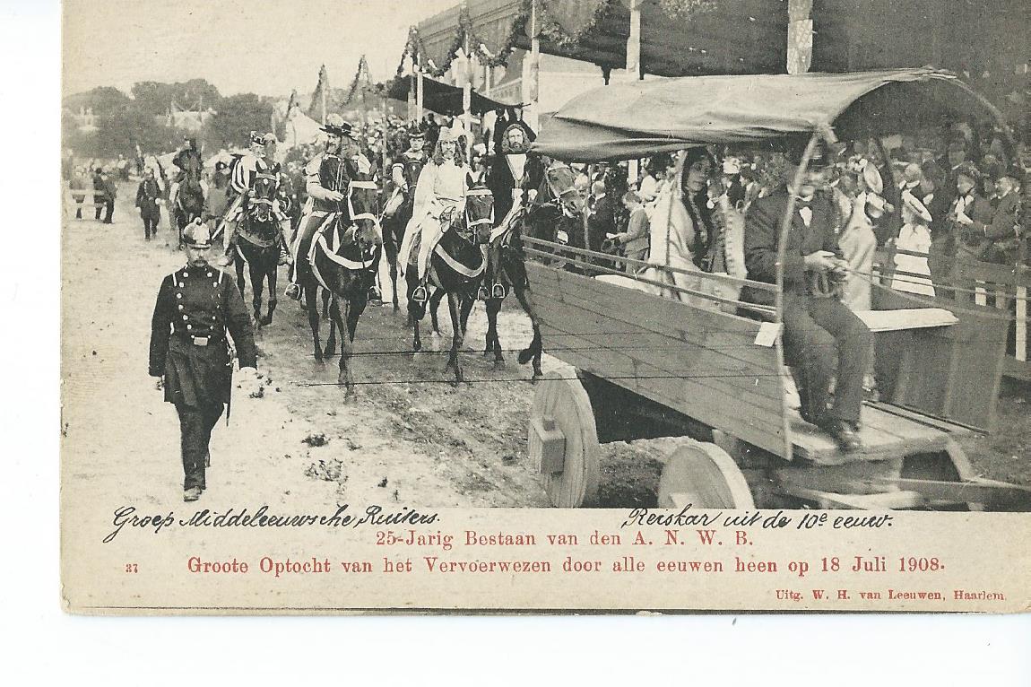 Haarlem (NH), 25-Jarig bestaan van den A.N.W.B., Groep Middeleeuwsche Ruiters, Reiskar uit de 10 eeuw